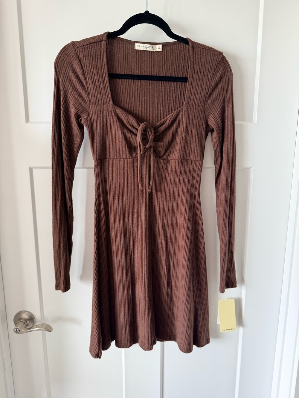 Born to be Spoiled Ribbed Long-Sleeve Tie-Front Mini Dress - Brown Size Medium